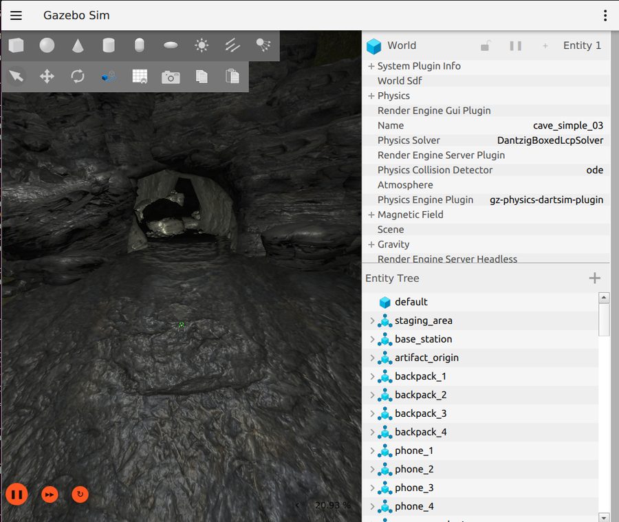 Quadrotor inside the cave with its front spotlight illuminating the tunnel walls.