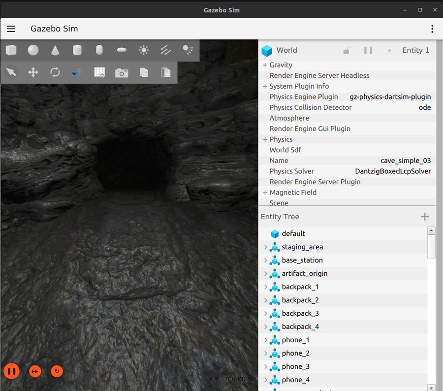 Simulated cave entrance in Gazebo used for the autonomous exploration demonstration.